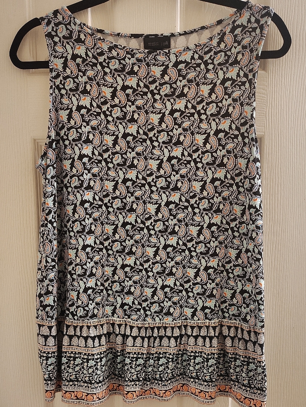 J. Jill Black Paisley Border Tank Top with Mint and Coral Accents